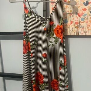 Striped Dress with Red Floral Pattern